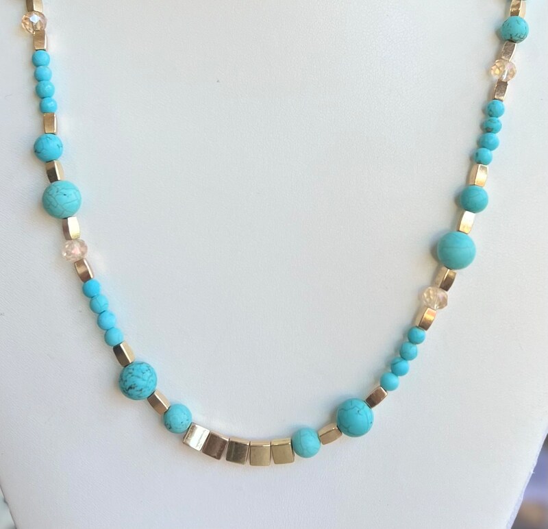 Turquoise Howlite crystal women’s necklace,  with gold Hematite accents, 18k gold toggle lariat, with gift bag